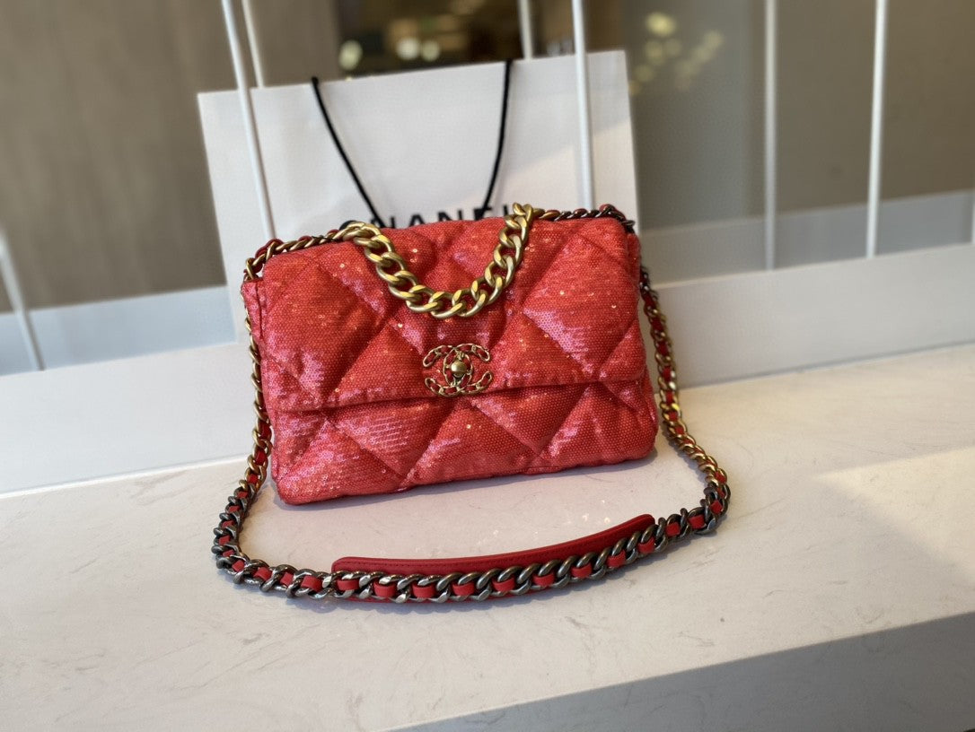 CHL 19 Flap Bag Gold Hardware Red For Women, Women’s Handbags, Shoulder Bags 10.2in/26cm AS1160