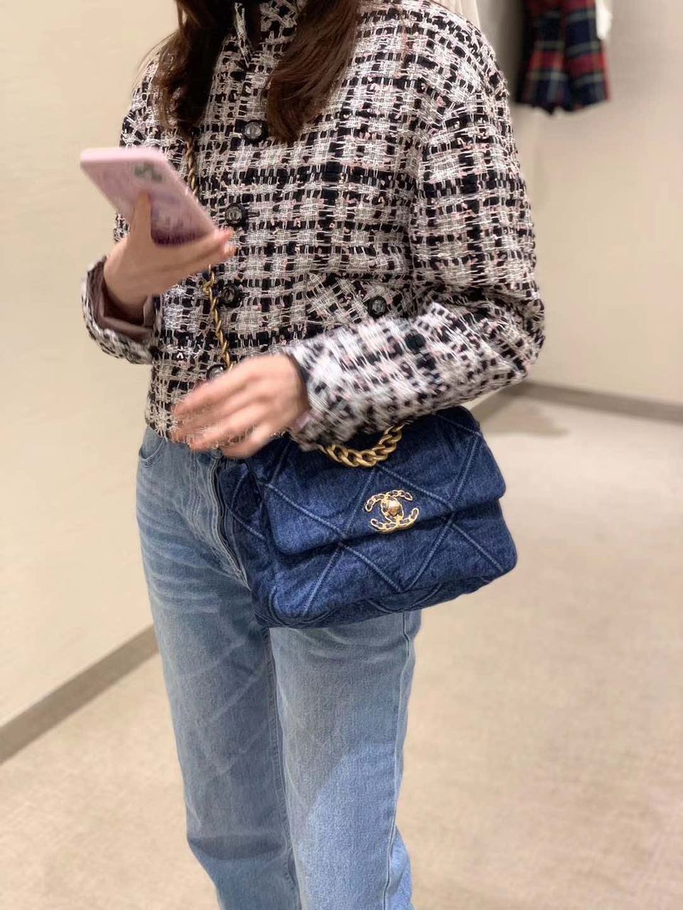 CHL 19 Handbag Denim Blue For Women, Women’s Flap Bag, Shoulder And Crossbody Bags 10.1in/26cm AS1160 B02876 N6832