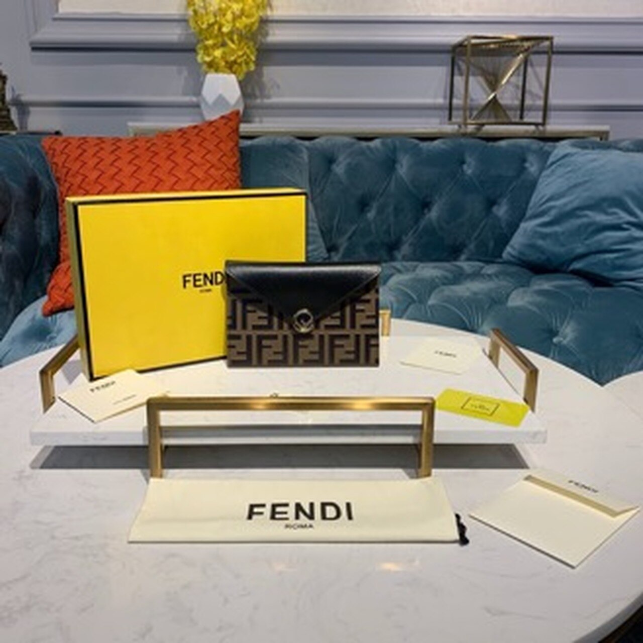 FI FF Embossed Envelope Wallet 6.4in/17cm Brown/Black For Women