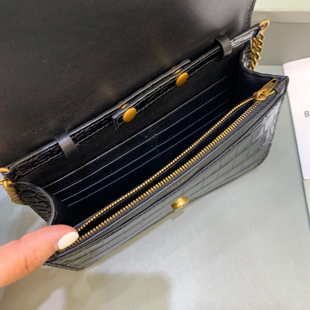 Balen Croc Embossed Patent B Bag With Chain In Black, For Women, Bags 7.9in/20cm