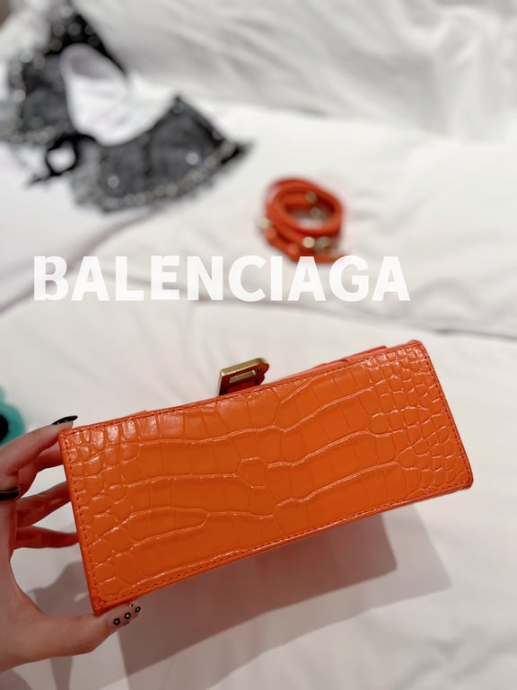 BALENCIAGA WOMEN'S HOURGLASS SMALL HANDBAG CROCODILE EMBOSSED IN ORANGE 24CM
