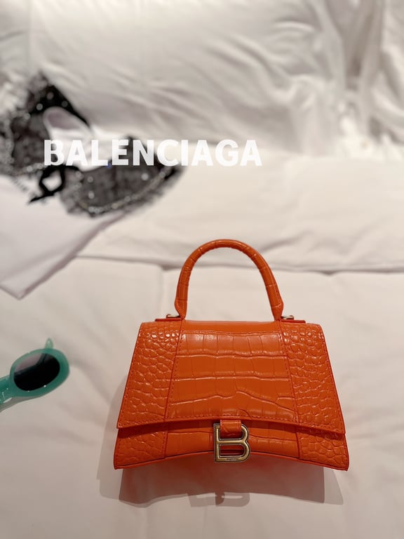 BALENCIAGA WOMEN'S HOURGLASS SMALL HANDBAG CROCODILE EMBOSSED IN ORANGE 24CM