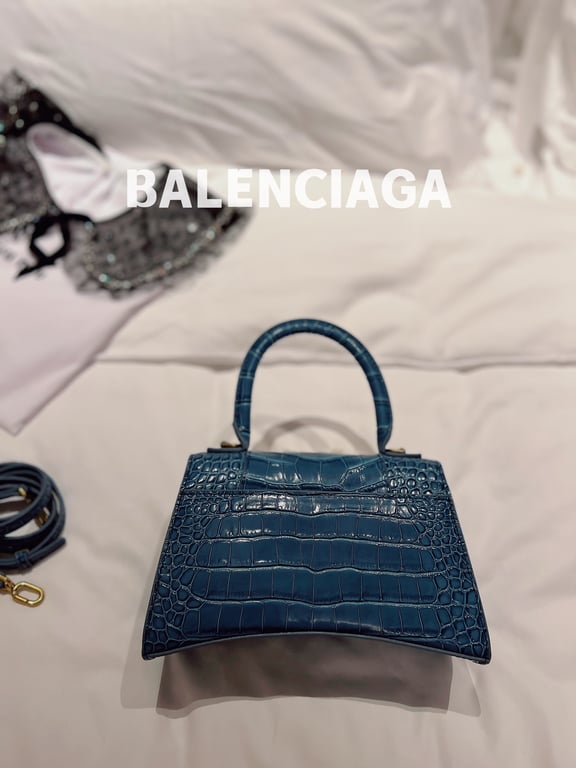 BALENCIAGA WOMEN'S HOURGLASS XS HANDBAG CROCODILE EMBOSSED IN FOREST BLUE 24CM