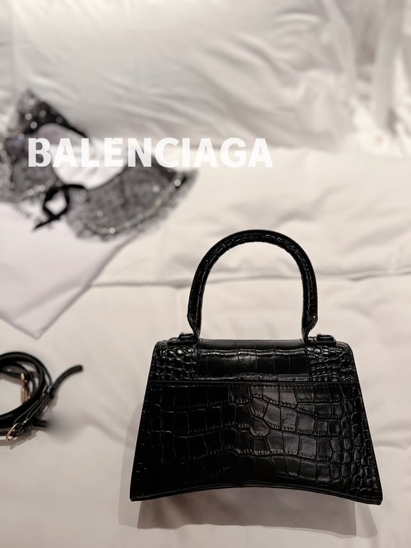 BALENCIAGA WOMEN'S HOURGLASS XS HANDBAG CROCODILE EMBOSSED IN BLACK 24CM
