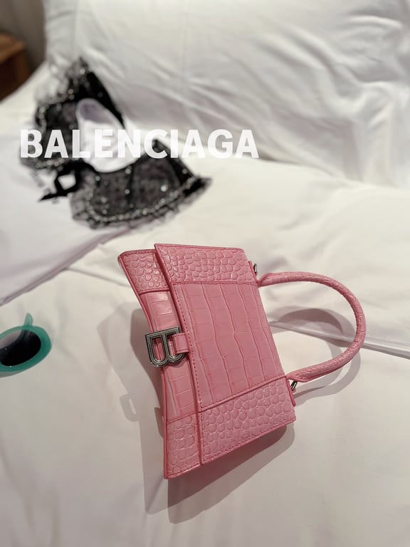 BALENCIAGA WOMEN'S HOURGLASS XS HANDBAG CROCODILE EMBOSSED IN PINK 24CM