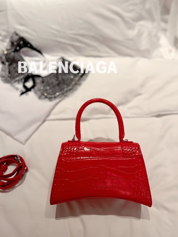 BALENCIAGA WOMEN'S HOURGLASS SMALL HANDBAG CROCODILE EMBOSSED IN RED 24CM