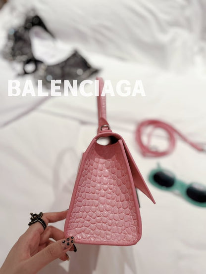BALENCIAGA WOMEN'S HOURGLASS XS HANDBAG CROCODILE EMBOSSED IN PINK 24CM