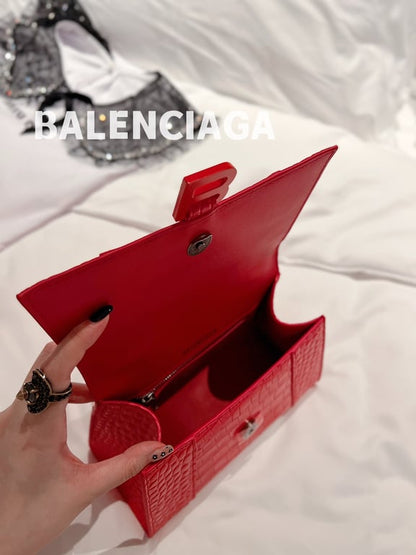 BALENCIAGA WOMEN'S HOURGLASS SMALL HANDBAG CROCODILE EMBOSSED IN RED 24CM