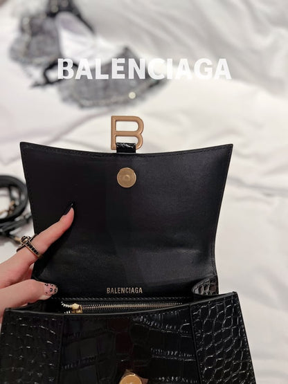 BALENCIAGA WOMEN'S HOURGLASS SMALL HANDBAG CROCODILE EMBOSSED IN BLACK 24CM