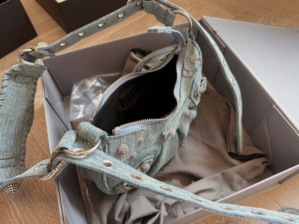 BALENCIAGA LE CAGOLE XS SHOULDER BAG DENIM WITH RHINESTONES IN LIGHT BLUE 25CM 6713092AABV4651