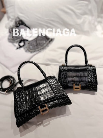 BALENCIAGA WOMEN'S HOURGLASS SMALL HANDBAG CROCODILE EMBOSSED IN BLACK 24CM