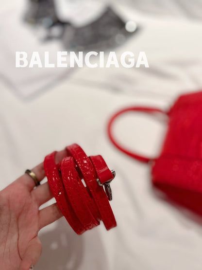 BALENCIAGA WOMEN'S HOURGLASS SMALL HANDBAG CROCODILE EMBOSSED IN RED 24CM