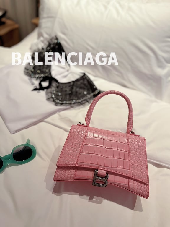 BALENCIAGA WOMEN'S HOURGLASS XS HANDBAG CROCODILE EMBOSSED IN PINK 24CM