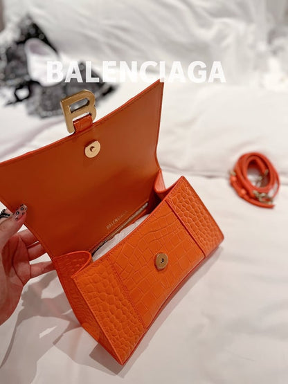 BALENCIAGA WOMEN'S HOURGLASS SMALL HANDBAG CROCODILE EMBOSSED IN ORANGE 24CM