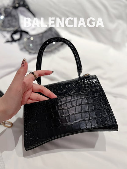 BALENCIAGA WOMEN'S HOURGLASS SMALL HANDBAG CROCODILE EMBOSSED IN BLACK 24CM