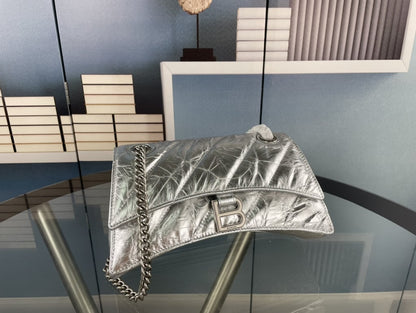BALENCIAGA CRUSH SMALL CHAIN BAG METALLIZED QUILTED IN SILVER 25CM