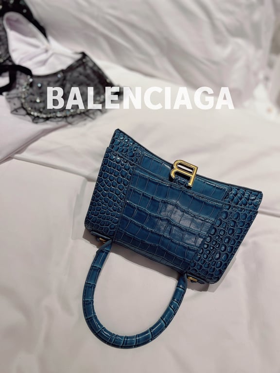 BALENCIAGA WOMEN'S HOURGLASS XS HANDBAG CROCODILE EMBOSSED IN FOREST BLUE 24CM