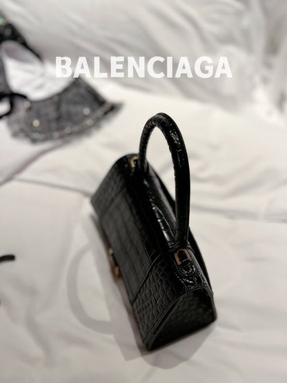 BALENCIAGA WOMEN'S HOURGLASS SMALL HANDBAG CROCODILE EMBOSSED IN BLACK 24CM