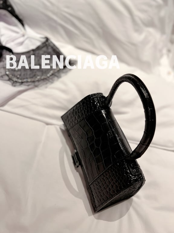 BALENCIAGA WOMEN'S HOURGLASS XS HANDBAG CROCODILE EMBOSSED IN BLACK 24CM