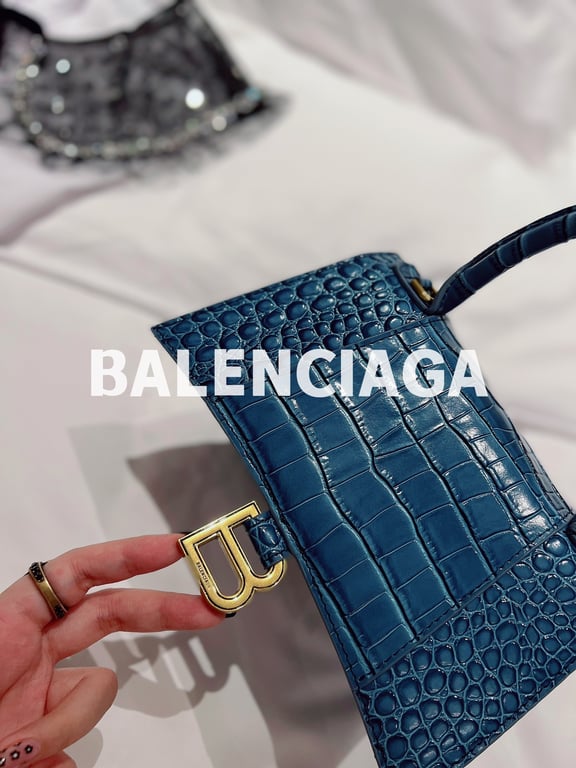 BALENCIAGA WOMEN'S HOURGLASS XS HANDBAG CROCODILE EMBOSSED IN FOREST BLUE 24CM