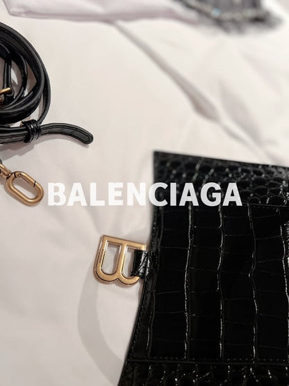 BALENCIAGA WOMEN'S HOURGLASS SMALL HANDBAG CROCODILE EMBOSSED IN BLACK 24CM