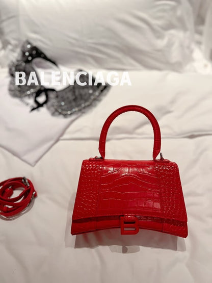 BALENCIAGA WOMEN'S HOURGLASS SMALL HANDBAG CROCODILE EMBOSSED IN RED 24CM