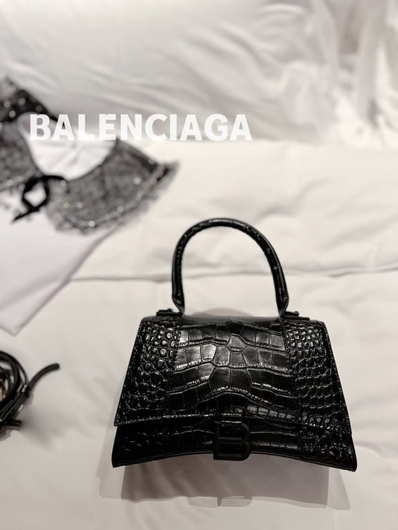 BALENCIAGA WOMEN'S HOURGLASS XS HANDBAG CROCODILE EMBOSSED IN BLACK 24CM
