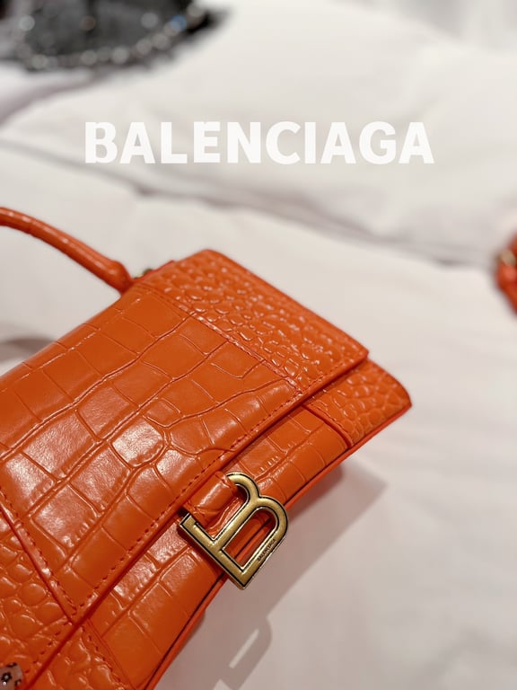 BALENCIAGA WOMEN'S HOURGLASS SMALL HANDBAG CROCODILE EMBOSSED IN ORANGE 24CM