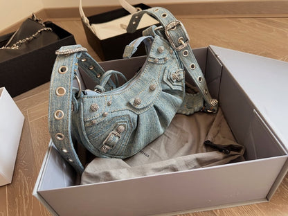 BALENCIAGA LE CAGOLE XS SHOULDER BAG DENIM WITH RHINESTONES IN LIGHT BLUE 25CM 6713092AABV4651