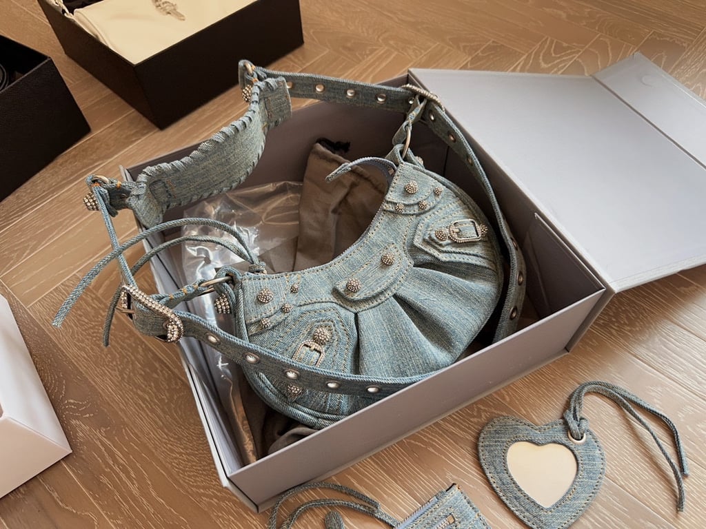 BALENCIAGA LE CAGOLE XS SHOULDER BAG DENIM WITH RHINESTONES IN LIGHT BLUE 25CM 6713092AABV4651