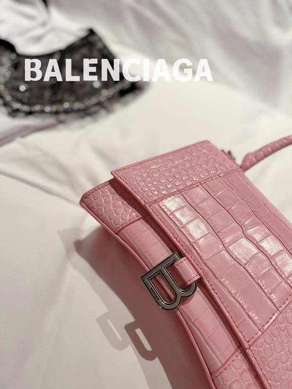 BALENCIAGA WOMEN'S HOURGLASS XS HANDBAG CROCODILE EMBOSSED IN PINK 24CM