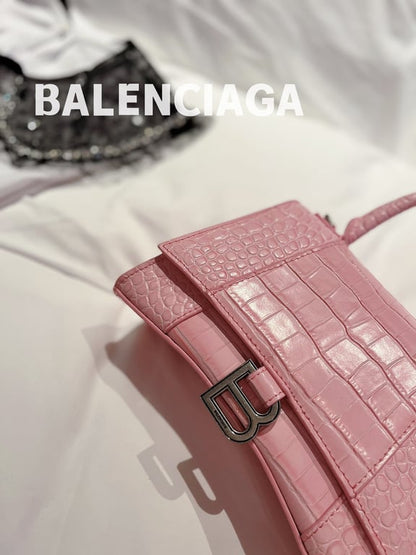 BALENCIAGA WOMEN'S HOURGLASS XS HANDBAG CROCODILE EMBOSSED IN PINK 24CM