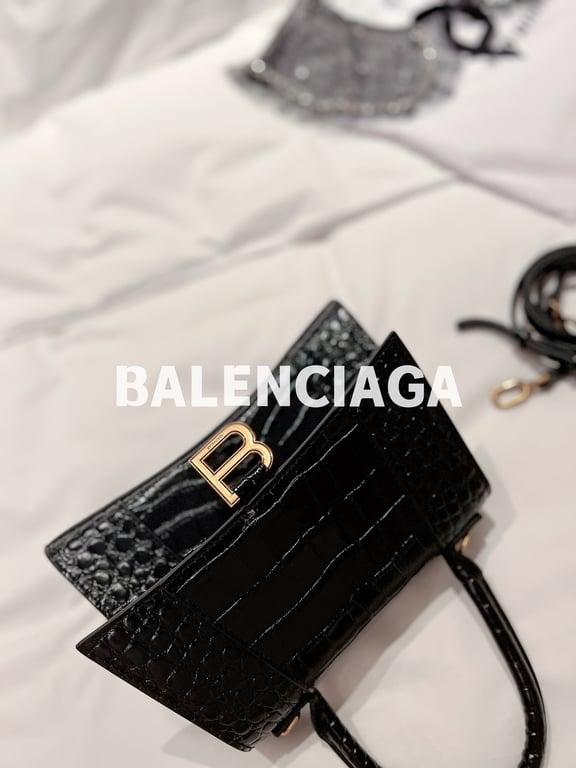 BALENCIAGA WOMEN'S HOURGLASS SMALL HANDBAG CROCODILE EMBOSSED IN BLACK 24CM