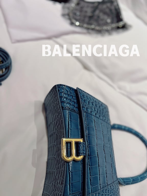 BALENCIAGA WOMEN'S HOURGLASS XS HANDBAG CROCODILE EMBOSSED IN FOREST BLUE 24CM