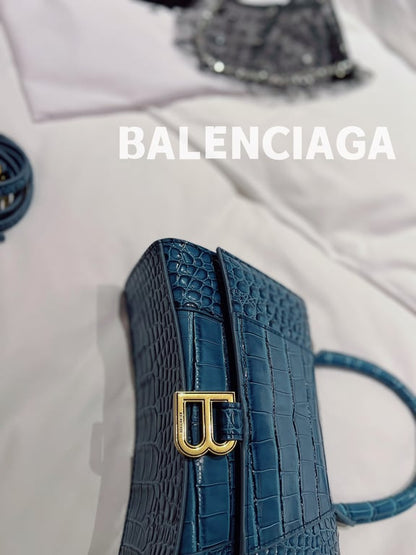BALENCIAGA WOMEN'S HOURGLASS XS HANDBAG CROCODILE EMBOSSED IN FOREST BLUE 24CM