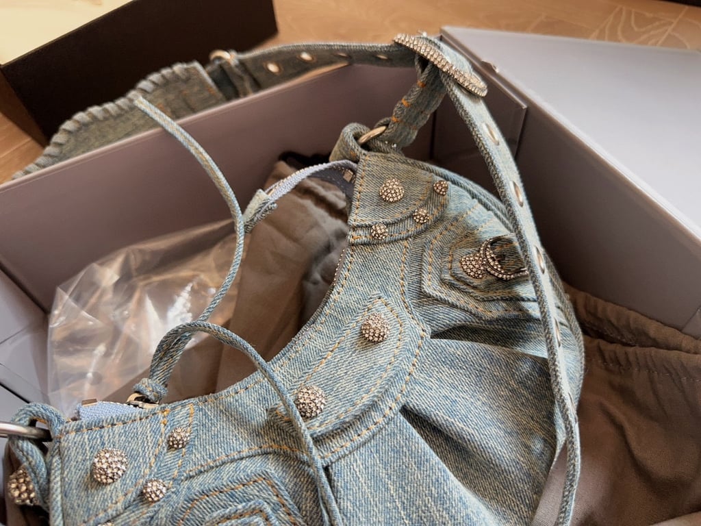 BALENCIAGA LE CAGOLE XS SHOULDER BAG DENIM WITH RHINESTONES IN LIGHT BLUE 25CM 6713092AABV4651