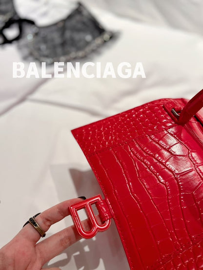 BALENCIAGA WOMEN'S HOURGLASS SMALL HANDBAG CROCODILE EMBOSSED IN RED 24CM
