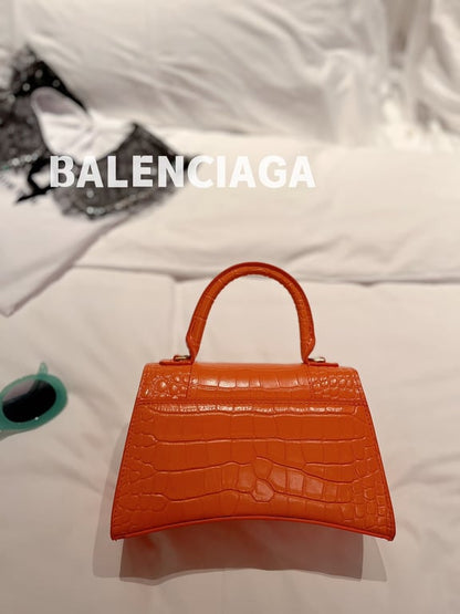 BALENCIAGA WOMEN'S HOURGLASS SMALL HANDBAG CROCODILE EMBOSSED IN ORANGE 24CM