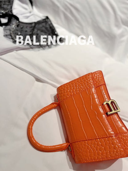 BALENCIAGA WOMEN'S HOURGLASS SMALL HANDBAG CROCODILE EMBOSSED IN ORANGE 24CM