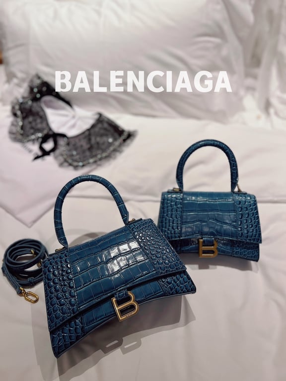 BALENCIAGA WOMEN'S HOURGLASS XS HANDBAG CROCODILE EMBOSSED IN FOREST BLUE 24CM