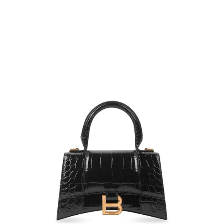BALENCIAGA WOMEN'S HOURGLASS SMALL HANDBAG CROCODILE EMBOSSED IN BLACK 24CM