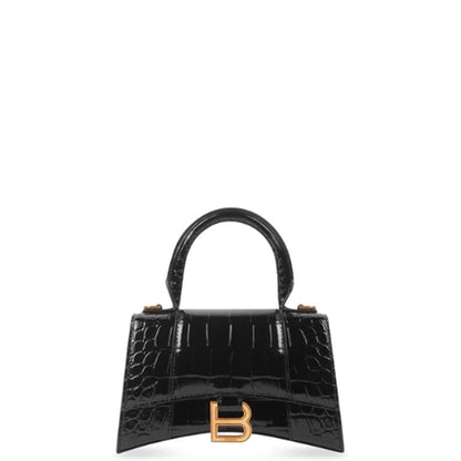BALENCIAGA WOMEN'S HOURGLASS SMALL HANDBAG CROCODILE EMBOSSED IN BLACK 24CM