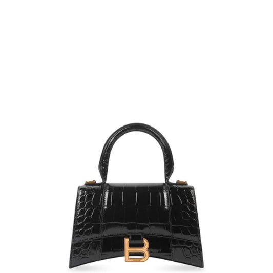 BALENCIAGA WOMEN'S HOURGLASS SMALL HANDBAG CROCODILE EMBOSSED IN BLACK 24CM