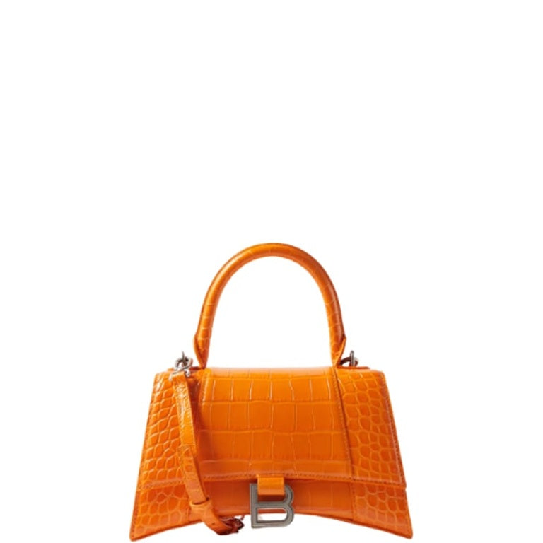 BALENCIAGA WOMEN'S HOURGLASS SMALL HANDBAG CROCODILE EMBOSSED IN ORANGE 24CM