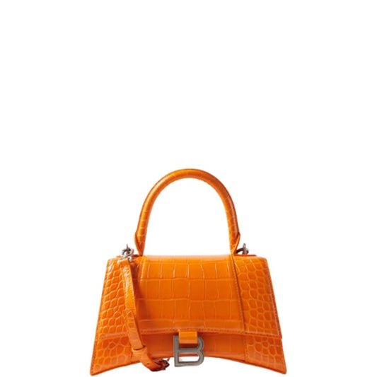 BALENCIAGA WOMEN'S HOURGLASS SMALL HANDBAG CROCODILE EMBOSSED IN ORANGE 24CM