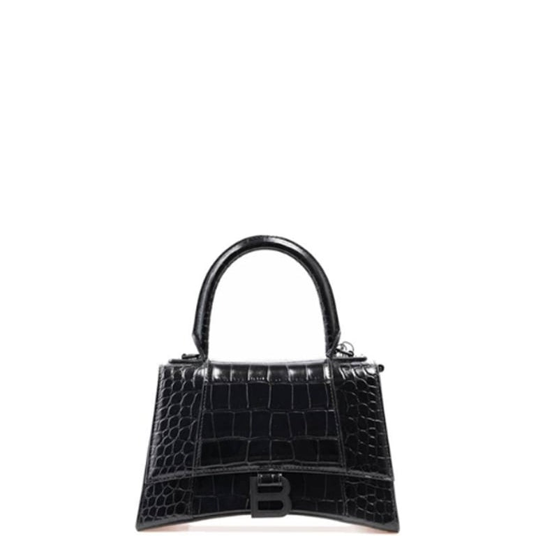 BALENCIAGA WOMEN'S HOURGLASS XS HANDBAG CROCODILE EMBOSSED IN BLACK 24CM