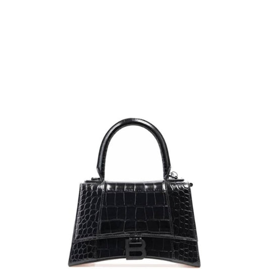 BALENCIAGA WOMEN'S HOURGLASS XS HANDBAG CROCODILE EMBOSSED IN BLACK 24CM