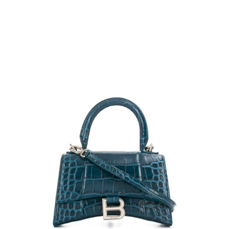 BALENCIAGA WOMEN'S HOURGLASS XS HANDBAG CROCODILE EMBOSSED IN FOREST BLUE 24CM