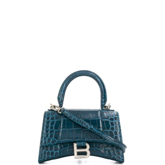 BALENCIAGA WOMEN'S HOURGLASS XS HANDBAG CROCODILE EMBOSSED IN FOREST BLUE 24CM