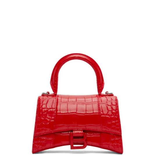 BALENCIAGA WOMEN'S HOURGLASS SMALL HANDBAG CROCODILE EMBOSSED IN RED 24CM